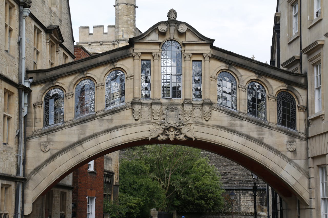 Iconic architectural landmark, the Bridge of Sighs, located at the University of Oxford.
